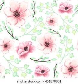 Seamless Pattern with Pink Flowers and Light Green Leaves, Vector Illustration with Watercolor Effect