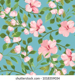 Seamless pattern with pink flowers on a blue background