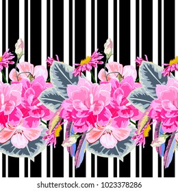 Seamless pattern with pink flowers on striped background. Flower background for textile, cover, wallpaper, gift packaging, printing.Romantic design for calico, silk.