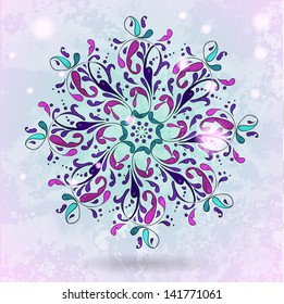 Seamless pattern with pink flowers on blue background. Art nouveau style.