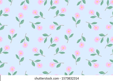 Seamless pattern of pink flowers on light blue background 