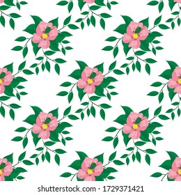 Seamless pattern, pink flowers on a white background, vector illustration