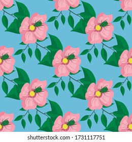 Seamless pattern, pink flowers on a blue background, vector illustration