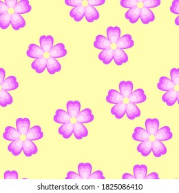 Seamless pattern with pink flowers on a yellow background. Use for fabric, wrapping paper, wallpaper, print, backdrops, baby clothes, napkins.