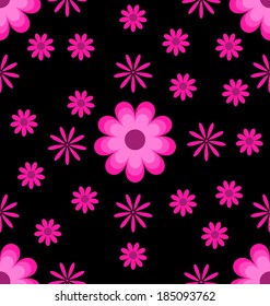 Flores rosas sin inconvenientes sobre fondo negro. Ilustración de vectores para la libreta de recortes