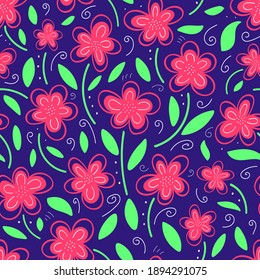  Patrón sin foco con flores rosadas sobre un fondo azul. Flores silvestres rosas. Ilustración vectorial en estilo doodle. Ilustración vectorial.Diseño para textiles, envoltura, embalaje, tarjetas de felicitación