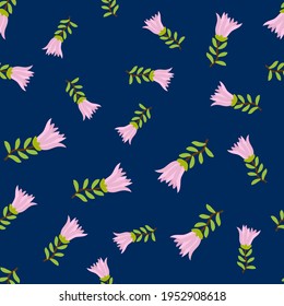 Seamless pattern with pink flowers on blue background. Vector illustration