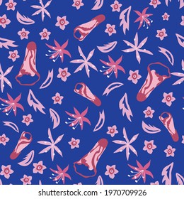 Seamless pattern with pink flowers on the dark blue background. 
