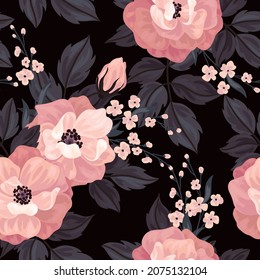 Seamless pattern with pink flowers on a dark background. Composition of wild roses, small flower twigs, dark leaves. Delicate floral pattern in vector.