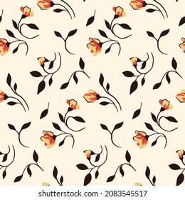 Seamless pattern with pink flowers on dark stems. Abstract composition of small flowers and leaves on a light background. Vintage floral print design. Vector illustration.