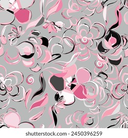 Un patrón sin costuras con flores rosas sobre un fondo gris. Diseño textil hermoso. 