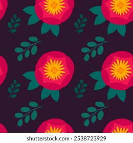Nahtloses Muster mit rosa Blumen auf dunklem Hintergrund. Blumendruck. Botanische Textur, Vektortapete, Stoff, Textil, Druck.