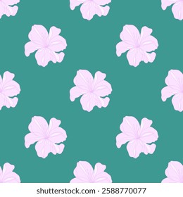 Seamless pattern with pink flowers on a green background. Pink lilies. Fabric prints, wallpapers, wrapping paper, home decor, stationery, invitations, packaging, summer background.