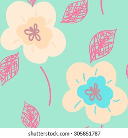seamless pattern with pink flowers on the light blue background
