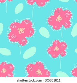 seamless pattern  with pink flowers on  blue background