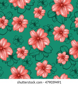 Seamless pattern with pink flowers on the turquoise or green background.Vector fashion fabric textile design. Can be used for pillow or tablecloth.