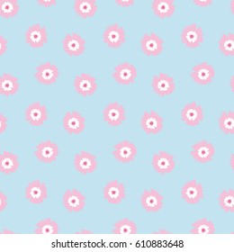 Seamless pattern with pink flowers on a light blue background. Delicate spring pastel texture. vector.