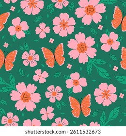Seamless pattern with pink flowers and orange butterflies on a green background. Vector graphics.