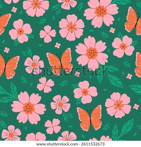 Seamless pattern with pink flowers and orange butterflies on a green background. Vector graphics.