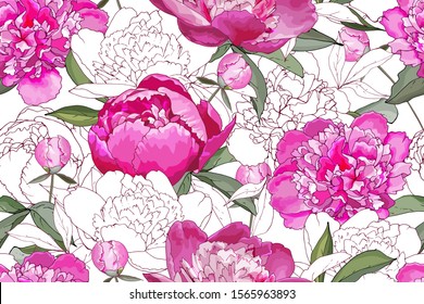 Seamless pattern with pink flowers peonies, green leaves on white background. Hand drawn. For your design, textile, wallpapers, print, greeting. Vector stock illustration.