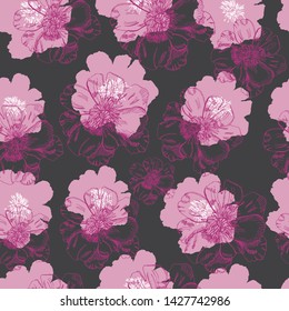 Seamless pattern  with  pink flowers of peony and abstract spots. Hand drawn ink sketch. Pink objects  on dark gray background