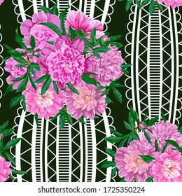 Seamless pattern with pink flowers of peony and white lace flowers on a dark background.