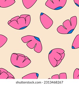 Patrón sin foco con flores y pétalos rosados. Vector de fondo floral estilo retro groovic