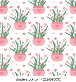  Nahtloses Muster mit rosafarbenen Blumen in einem Topf. Frühlingsmuster mit Blumen mit Herzen.Vektorgrafik in einem flachen Stil.