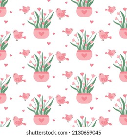  Seamless pattern with pink flowers in a pot. Spring pattern with flowers with hearts.Vector illustration in a flat style.