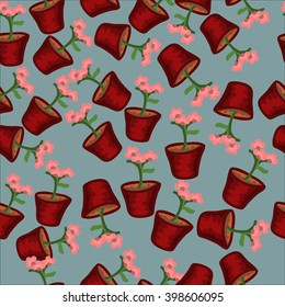 Seamless pattern with pink flowers in pots on a blue background