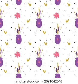 Seamless pattern with pink flowers and purple vase with decorative flowers and dots on awhite background