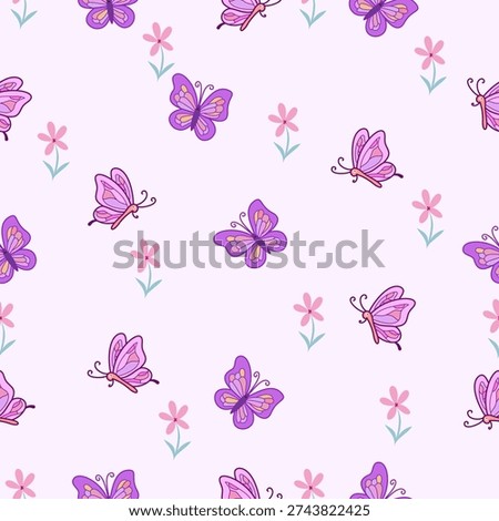 Seamless pattern of pink flowers and purple butterflies arranged on a light green background, perfect for home decor, fabrics, wallpapers, wrapping paper, stationery, and various design projects.