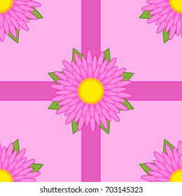 Seamless pattern of pink flowers with ribbons