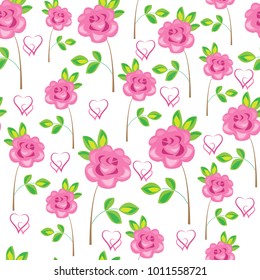 Seamless pattern. Pink flowers, roses and hearts. Suitable as wallpaper, as a gift wrapping for Valentine's Day. Creates a festive mood. Vector illustration.
