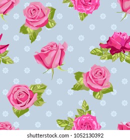 Seamless pattern of pink flowers roses and leaves.