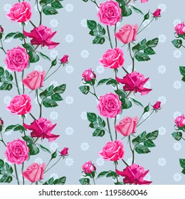 Seamless pattern of pink flowers roses and leaves.