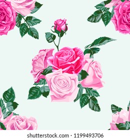 Seamless pattern of pink flowers roses and leaves.