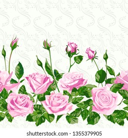 Seamless pattern of pink flowers roses and leaves.