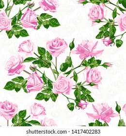 Seamless pattern of pink flowers roses and leaves.