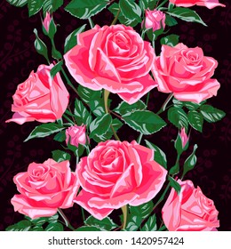 Seamless pattern of pink flowers roses and leaves.