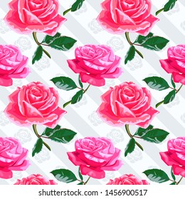 Seamless pattern of pink flowers roses and leaves.