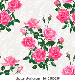 Seamless pattern of pink flowers roses and leaves.