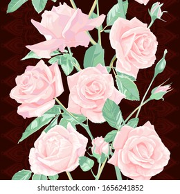 Seamless pattern of pink flowers roses and leaves.
