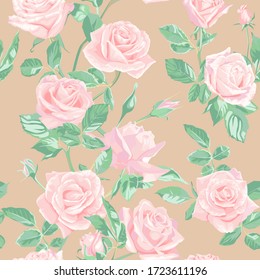 Seamless pattern of pink flowers roses and leaves.