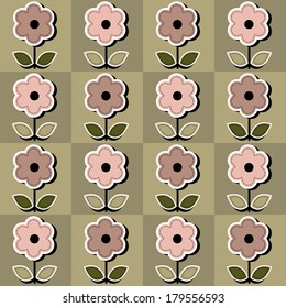 Seamless pattern with pink flowers in the squares