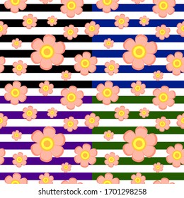 Seamless pattern with pink flowers and stripy background. Spring and summer floral ornament. Flat design. Dress and swimwear. For postcards, scrapbooking, wallpaper, textile and wrapping paper