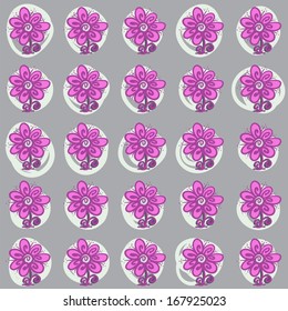 Seamless pattern with pink flowers and swirls on gray background
