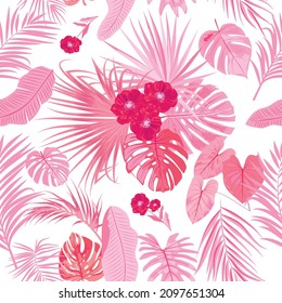 Patrón sin foco con flores rosadas y hojas de palma tropicales, fondo vectorial de la jungla, plantas, diseño botánico para la moda, tela, papel pintado