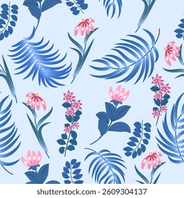 Seamless pattern with pink flowers and tropical leaves of palm tree. Botany vector background, jungle wallpaper.
