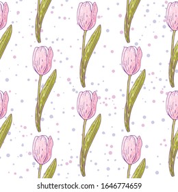 Seamless pattern with pink flowers tulips and watercolor splashes. Continuous pattern with floral romantic elements. Endless texture for the spring design season. For various design, print.